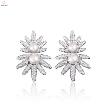 Mode Sonne Blume Design Sterling Silber Perle Ohrringe Stud